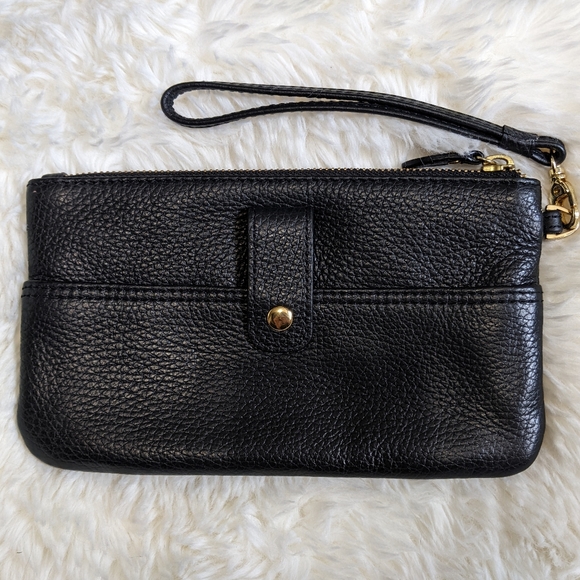 EUC Lodis Leather wristlet purse, bag, wallet, black, gold, removable strap - Picture 2 of 10